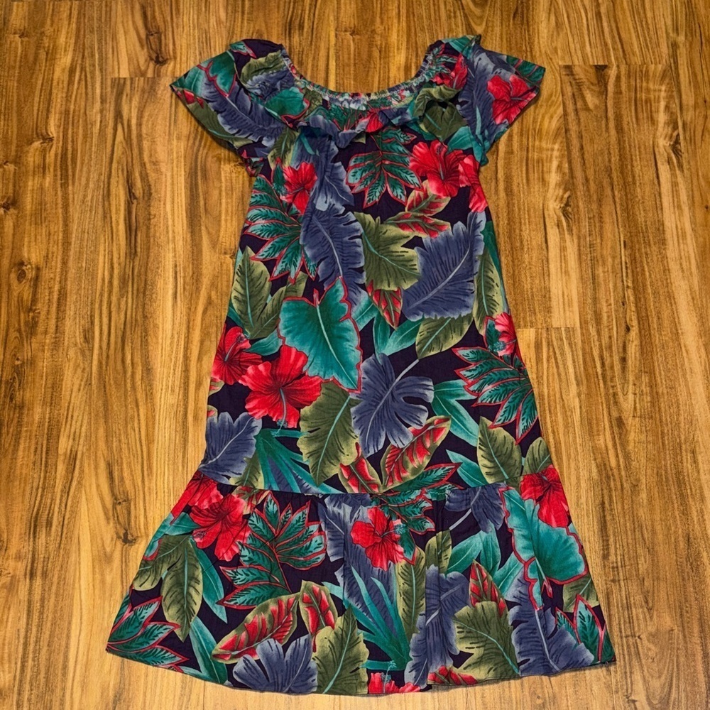 Hilo Hattie womens dress small 4 6 midi Floral tropical Hawaii Mumu resort black